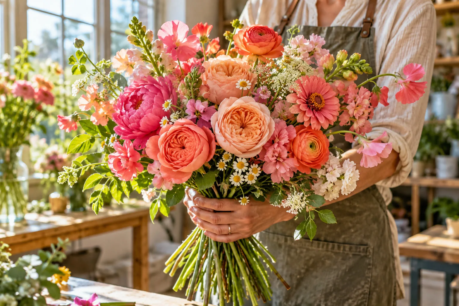 Un florista sosteniendo un fresco ramo de flores de coral y rosa.